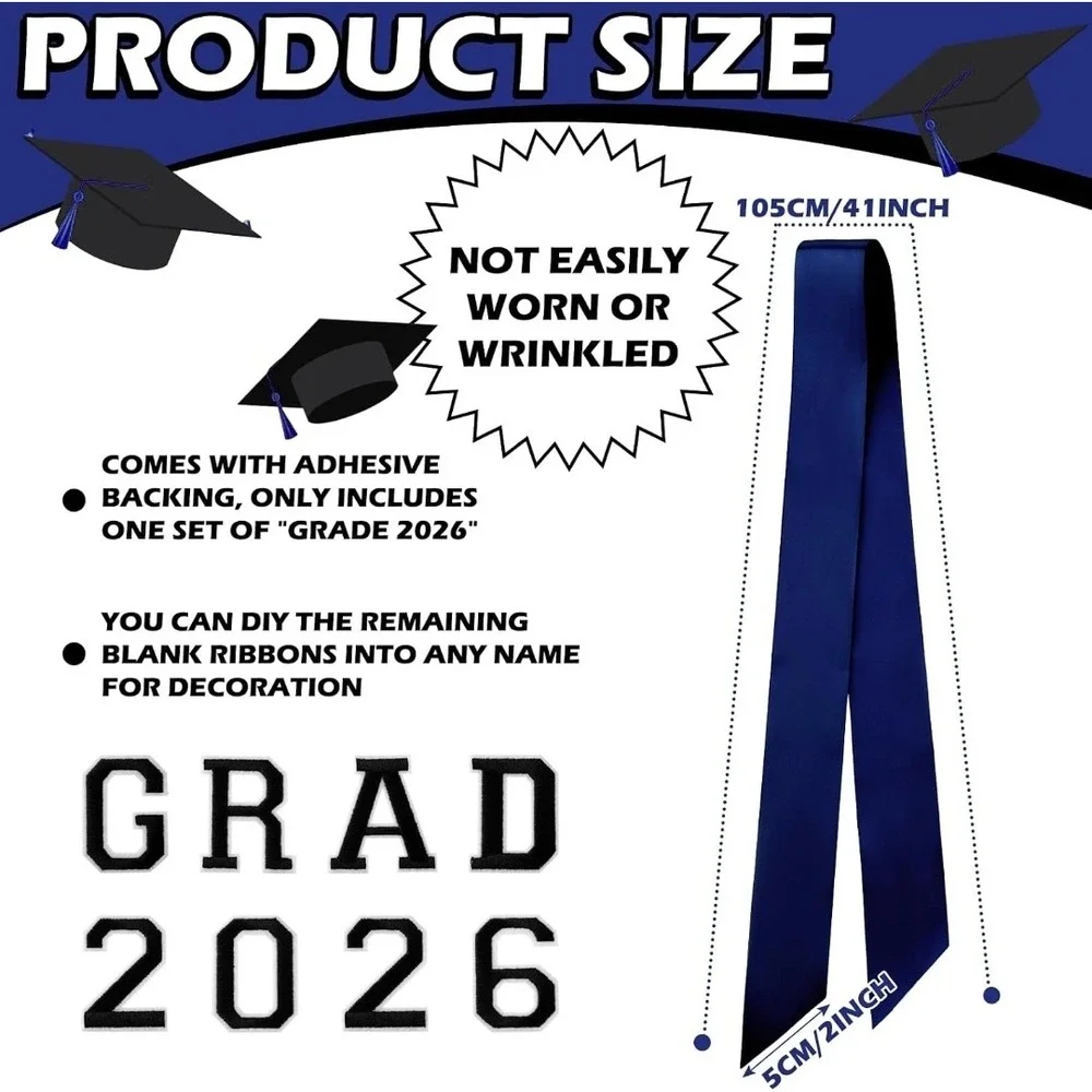 Graduation 41in Hair Bow Ribbon Unisex Navy Blue Grad 2026 DIY Satin